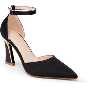 Women's Black-Pu Point Closed Toe Buckle Ankle Strap Comfort Stylish Pumps Heel